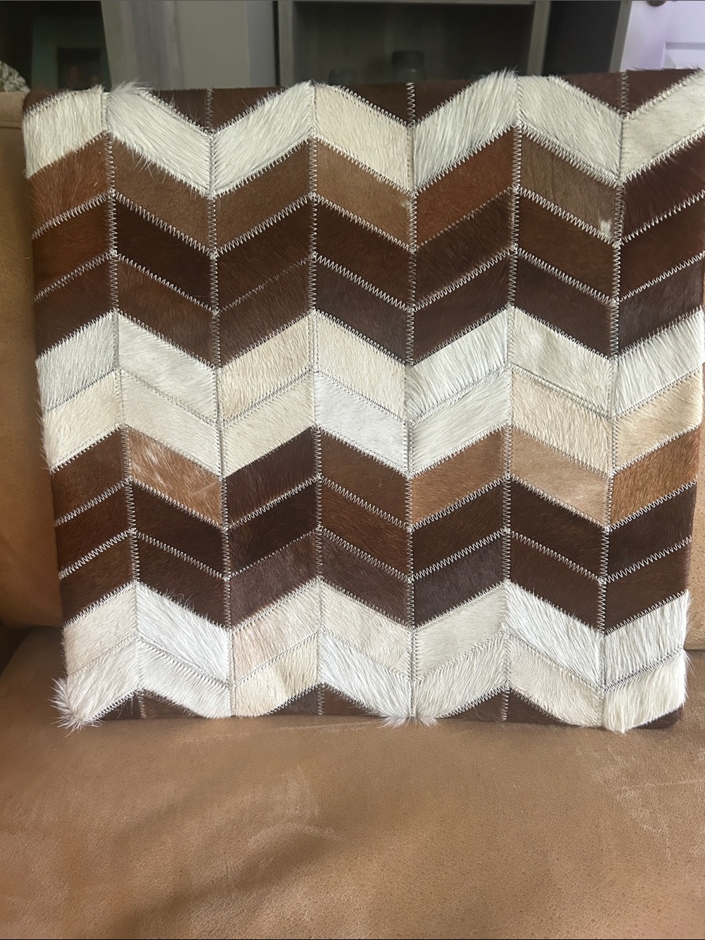 Chevron Patchwork Cowhide & Leather Throw Pillow Cover- Neutral Brown & Cream